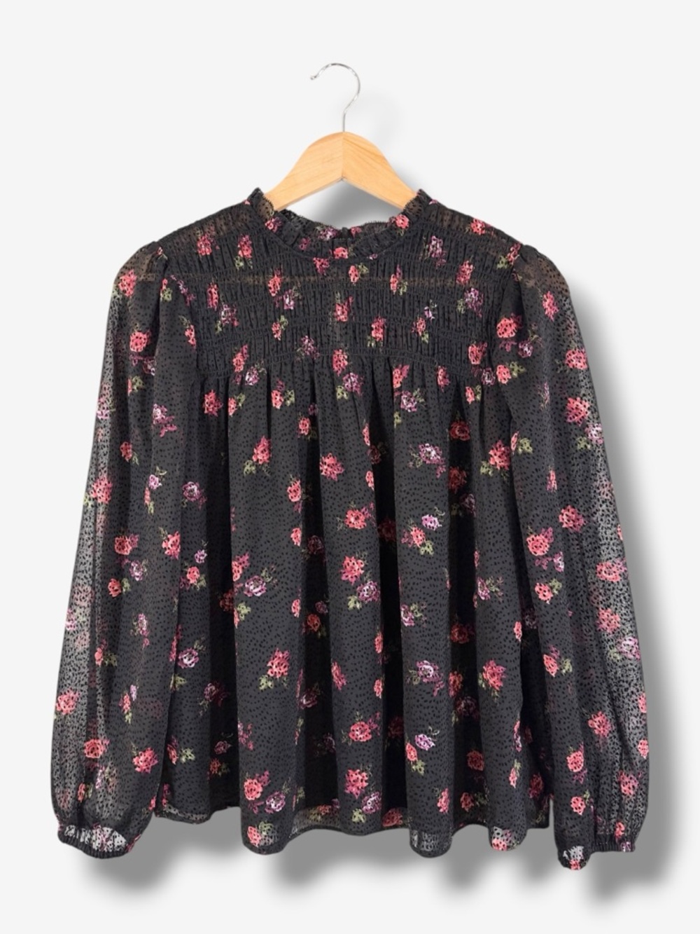 Banana Republic Black Floral Sheer Blouse Size S Swiss Dot Smocked Accent